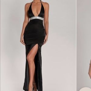 Woman’s black satin bling dress